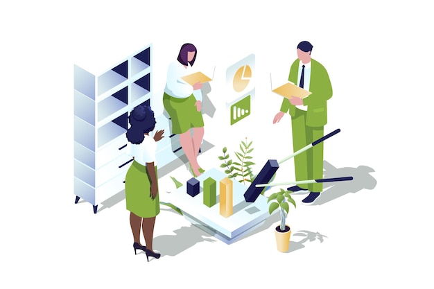 Business statistic web concept in 3d isometric design People brainstorming and accounting in office analyzes data making financial report with charts or market research Vector web illustration