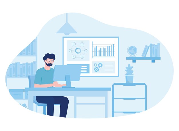 Business statistical growth graph analysis an employee at an office desk concept flat illustration