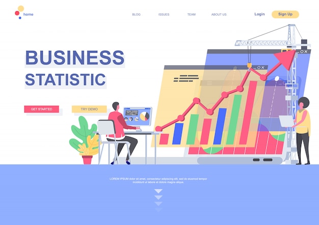 Business statistics flat landing page template. Manager working with financial analytic with computer situation. Web page with people characters. Business accounting and consulting illustration