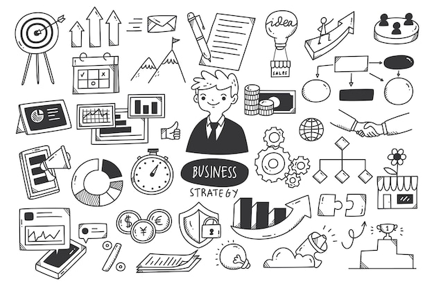 Business strategy doodle set vector illustration