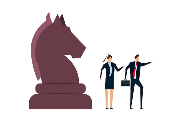 Business strategy leadership and skill to solve business problem smart businessman leader pointing the direction with his colleague thinking and knight chess