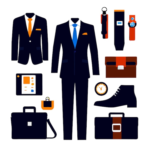 Vector business style clothes gadgets for business people boss socks suits shirt pants belt briefcase