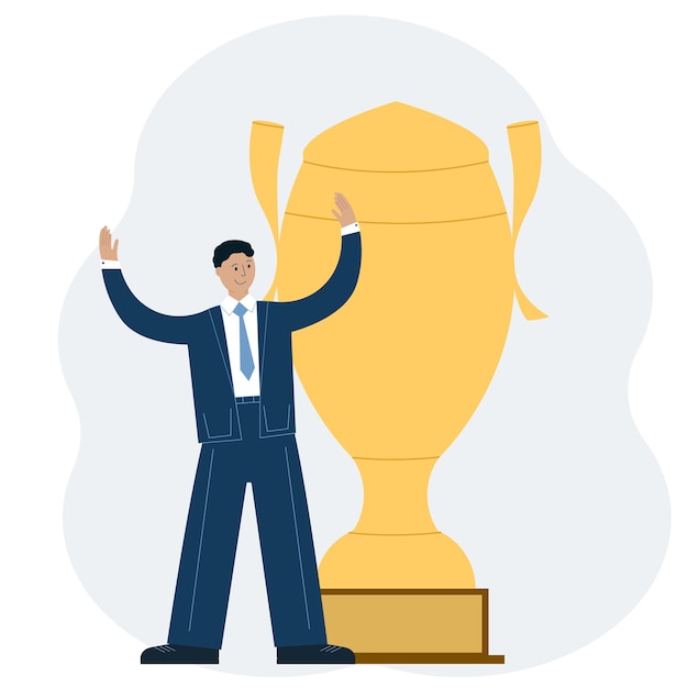 Business success achievement concept. A man celebrates a victory against the backdrop of a large winner cup. Vector illustration