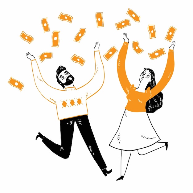 Business success concept Couple scattering a lot of money in the air Hand drawn vector illustration doodle