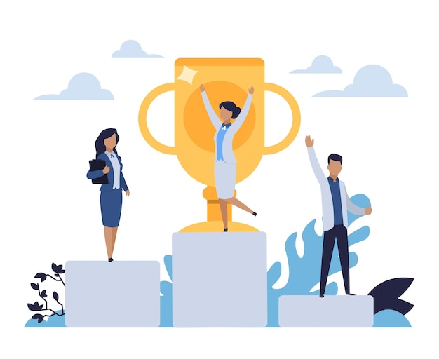 Business success People standing on winner stepped pedestal Leadership concept Characters achieve victory in competition Workers with golden cup Vector rewarding office employees