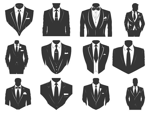 Business suits with tie silhouette set suits tie silhouette Flat Suit and Tie Icon Tuxedo vector