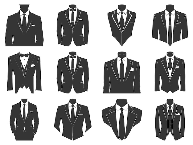 Vector business suits with tie silhouette set suits tie silhouette flat suit and tie icon tuxedo vector