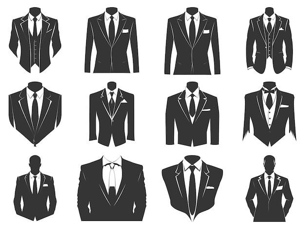 Business suits with tie silhouette set suits tie silhouette Flat Suit and Tie Icon Tuxedo vector