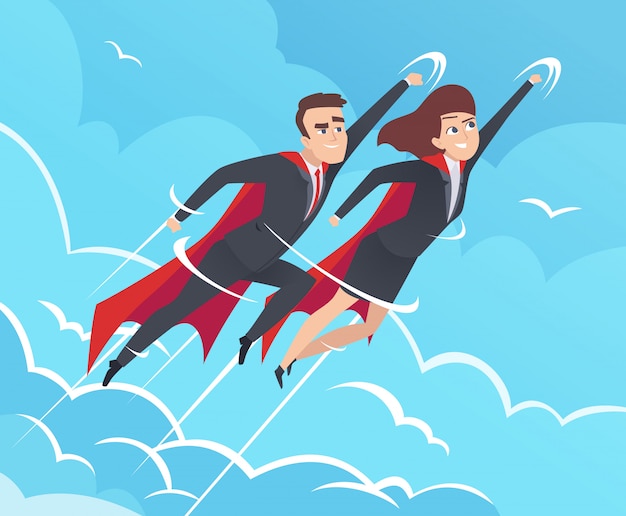 Business superheroes background. Male in action poses powerful teamwork heroes flying in sky business pictures