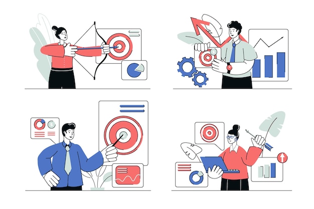 Business target concept set in flat line design men and women conduct audience marketing research