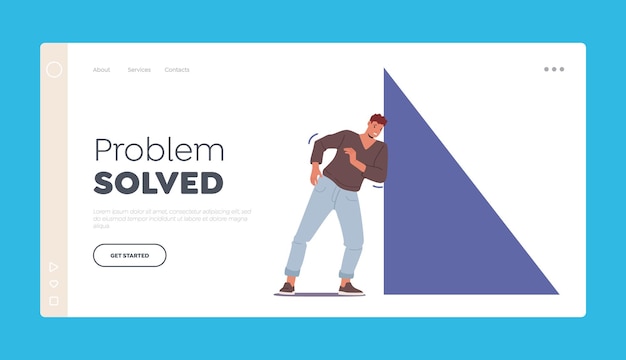 Business Task and Problem Solution Landing Page Template Effort and Challenge in Achievement Concept Man Push Triangle