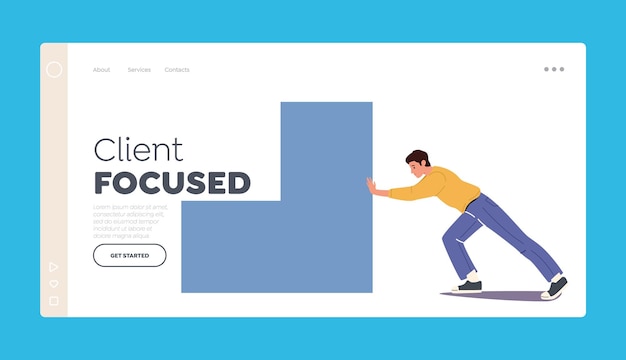 Business Task Solution and Achievement Concept Landing Page Template Male Character Pushing Huge Geometric Figure