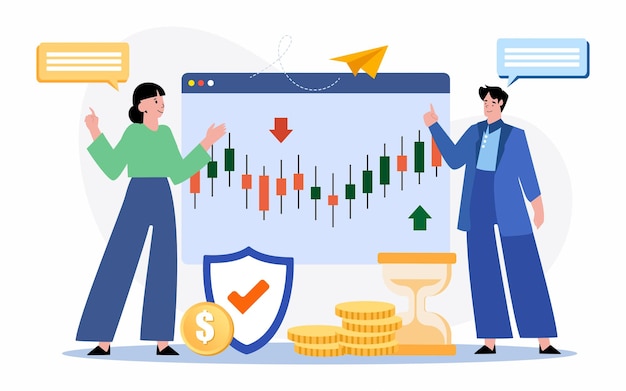 Business team analyzing business candlestick chart. graph candlestick. vector illustration.