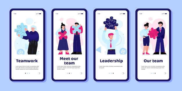 Business team app set on phone screens teamwork and leadership mobile