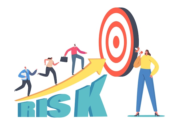 Business Team Characters Climb High Risk Growing Arrow Chart. Businesspeople Going Up on Growth Graph Diagram with Target on Top. Career Performance, Investment. Cartoon People Vector Illustration