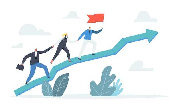 Business Team Characters Climbing Up Arrow Chart, Leader with Red Flag. Businessmen Pull Teammates Businessman and Businesswoman to Peak. Teamwork and Leadership. Cartoon People Vector Illustration