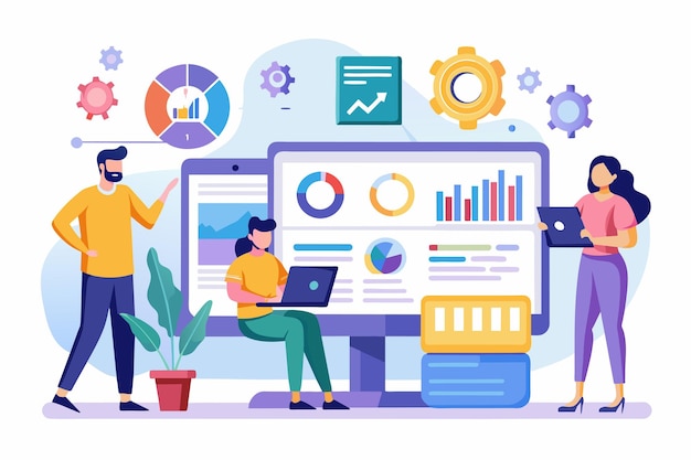 A business team collaboratively analyzes web reports using various digital tools and displays Business team analysis and monitoring on web report dashboard monitor illustrated in a flat design