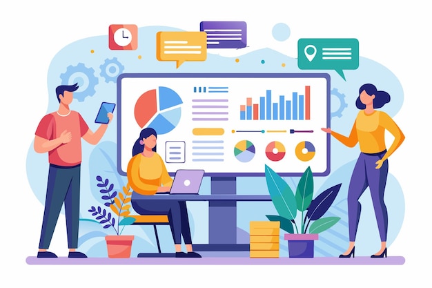 Business team engaging in web report analysis and monitoring for performance improvement Business team analysis and monitoring on web report dashboard monitor illustrated in a flat design