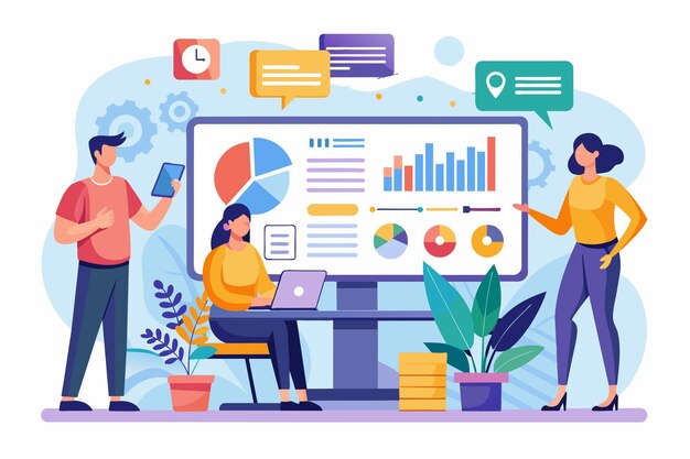 Vector business team engaging in web report analysis and monitoring for performance improvement business team analysis and monitoring on web report dashboard monitor illustrated in a flat design