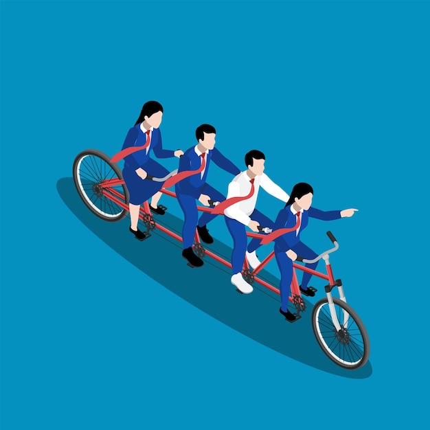 Business team of four pedals on a tandem bicycle isometric 3d