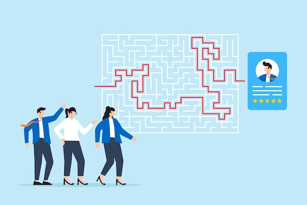 Vector business team navigating maze with candidate profiles complex recruitment process finding right path