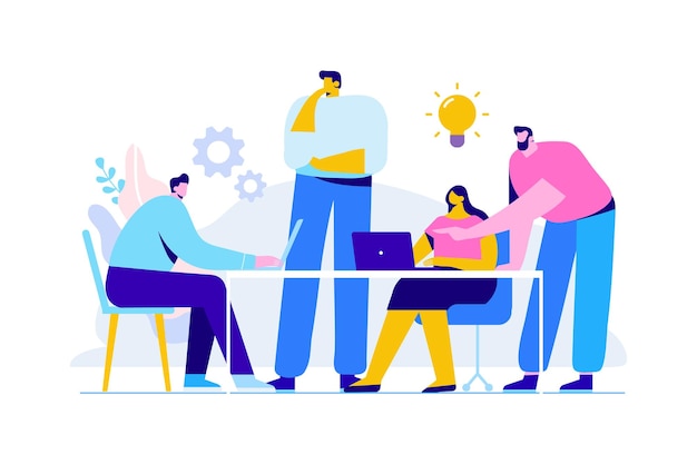 Business team planning working process flat vector illustration People talking sharing thoughts