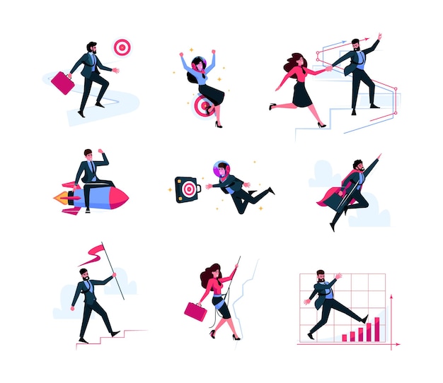 Business team Success career managers together moving to business targets stairway to goals garish vector business illustrations in flat style