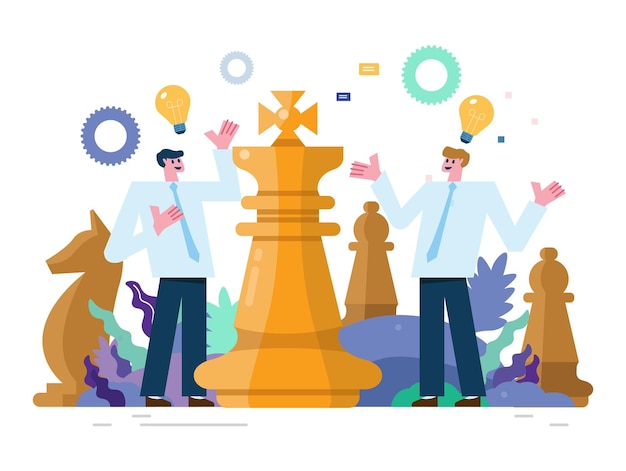 Business team thinking together while playing Big chess Business teamwork and strategy concept Flat illustration vector design