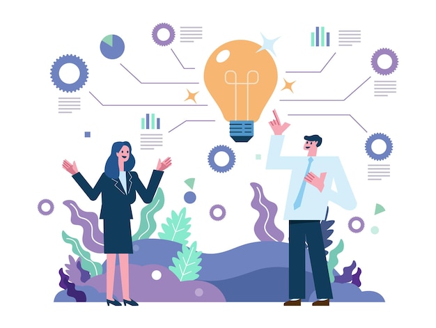 Business team with idea light bulb Business innovation to manage business model Business innovation and creativity concept Flat illustration vector design