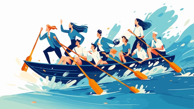 Vector business teams with leaders in boats rowing forward