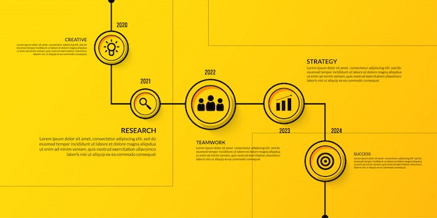 Business timeline infographic with multiple steps, Outline data visualization workflow template