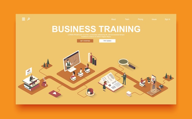 Business training concept 3d isometric landing page template People improve qualifications and professional skills and study at conferences Vector illustration in isometry graphic design