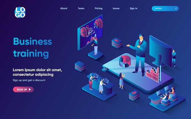 Business training concept isometric landing page Team listen to motivational speaker professional