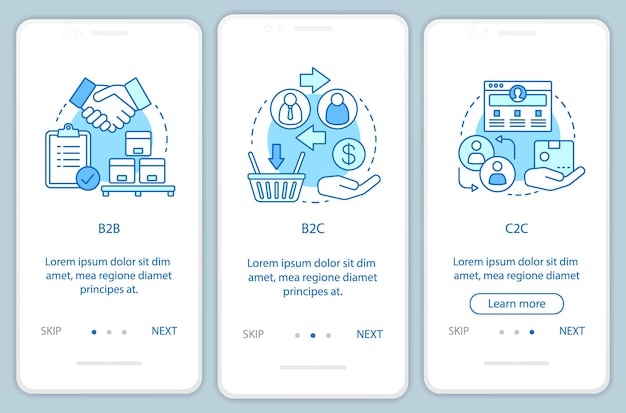 Business transactions onboarding mobile app page screen vector template. B2B, B2C, C2C walkthrough website steps. Market types. Business models. UX, UI, GUI smartphone interface concept