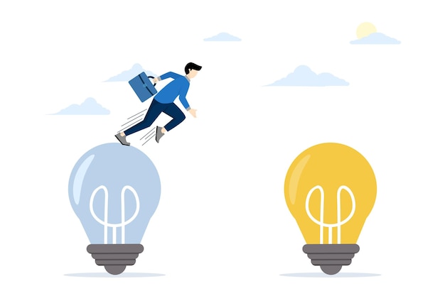 Business Transformation concept with entrepreneur jumping from old to new shiny light bulb idea