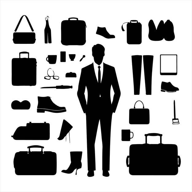 Business travel essentials silhouette clipart black and white