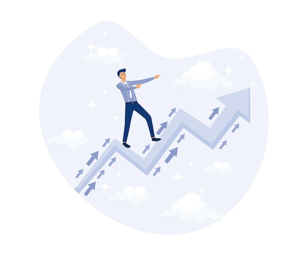 Business trend, businessman riding trend arrow followed by small followers. modern flat illustration