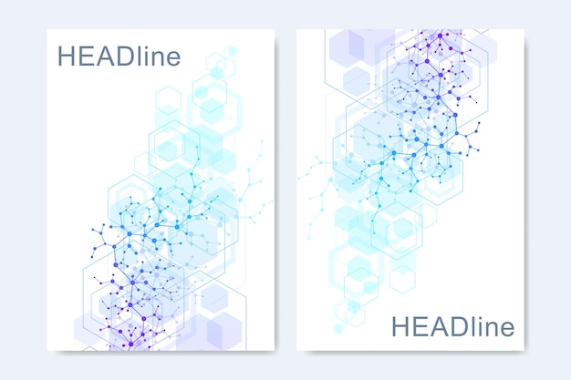 Business vector templates for brochure, cover, banner, flyer, annual report, leaflet. Abstract composition with molecule structure, dots, lines. Wave flow. Science, medicine, technology background