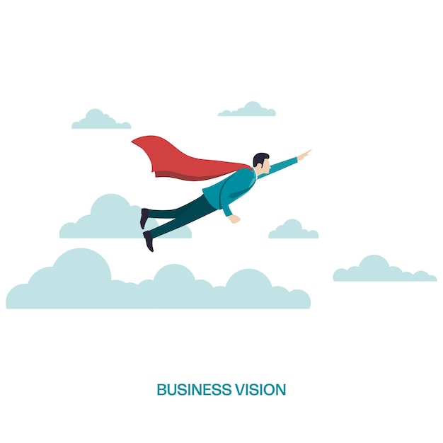 Business vision and career concept. Businessman flying on clouds. Symbol of man leader. Super businessman flying. Success, Ambition, Leadership, Future. Vector illustration flat