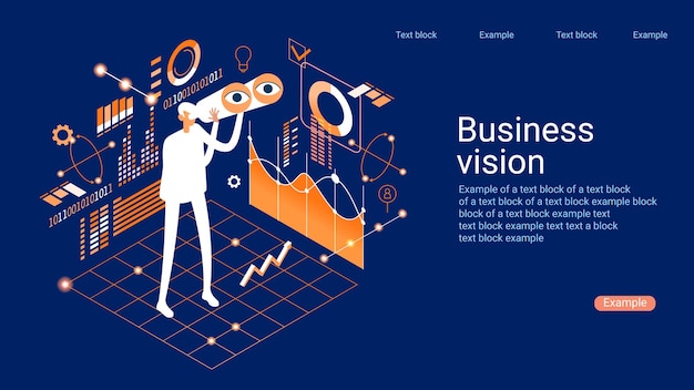 Business vision concepts Man with binoculars surrounded by graphs and charts