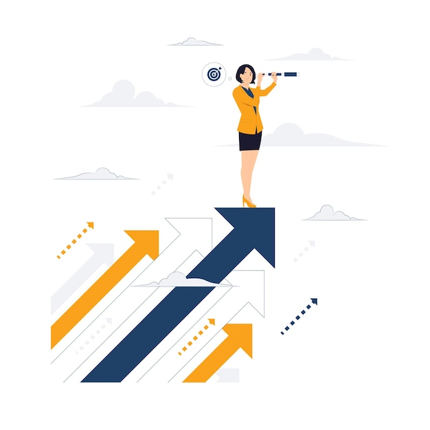 Business vision and target Upwards Businesswoman holding telescope standing on a flying arrows Searching for opportunities concept illustration