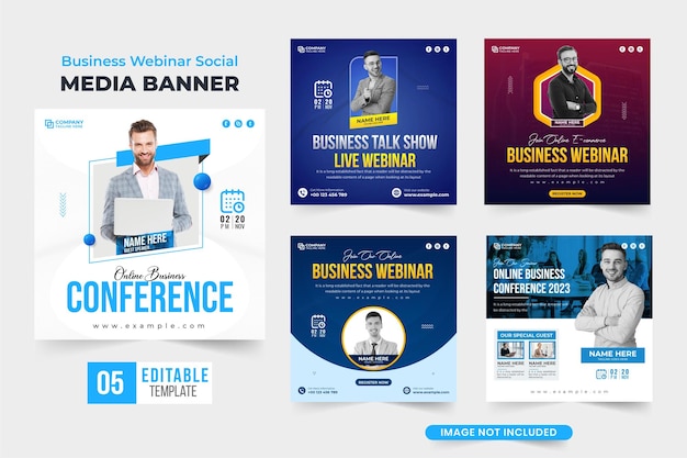 Business webinar social media post set vector with blue and red colors Modern business promotional poster bundle for marketing Office conference and seminar web banner collection vector