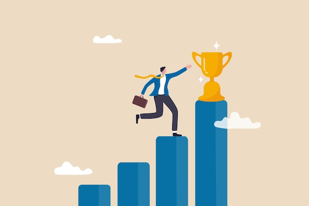 Business winner achievement or prize success or victory challenge or business mission career goal or stair to success concept businessman professional step up growing bar graph to win the trophy