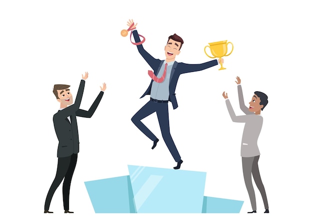 Business winner. Man win competition, manager with gold medal and trophy on pedestal. Clapping to colleague vector concept. Illustration winner competition, achievement and success