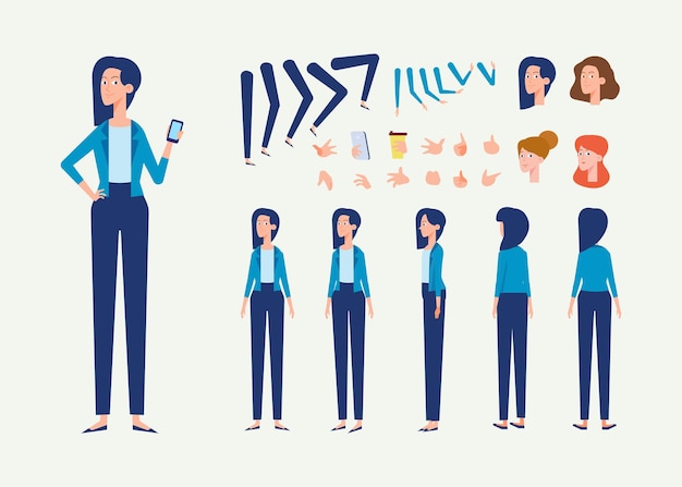 Business Woman for animation Various hairstyles and gestures flat vector