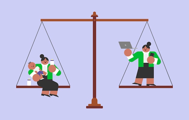 Business Woman Balancing on Scale Flat Design Character Illustration