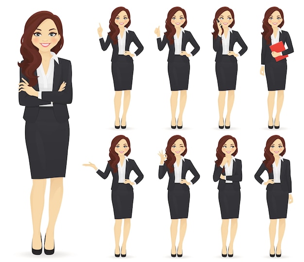 Business woman character in different poses set vector illustration