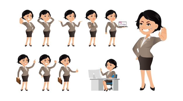 Business  woman character set in different poses and emotions.