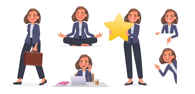 Business woman character set A girl goes to work meditates works at desktop holds a star