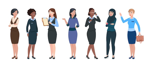 Vector business woman characters. isolated professional young businesswomen. smart elegant femmes, office corporate dress code. arab and afro american ladies, secretary or assistants vector illustration